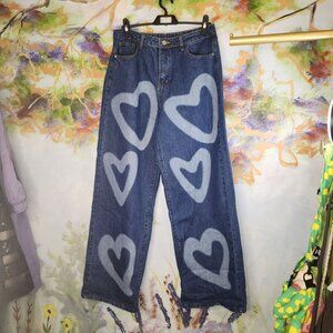 Wide-Leg Denim Jeans With Heart Print